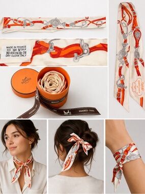 Hermes Orange and Cream Silk Twilly Scarf
